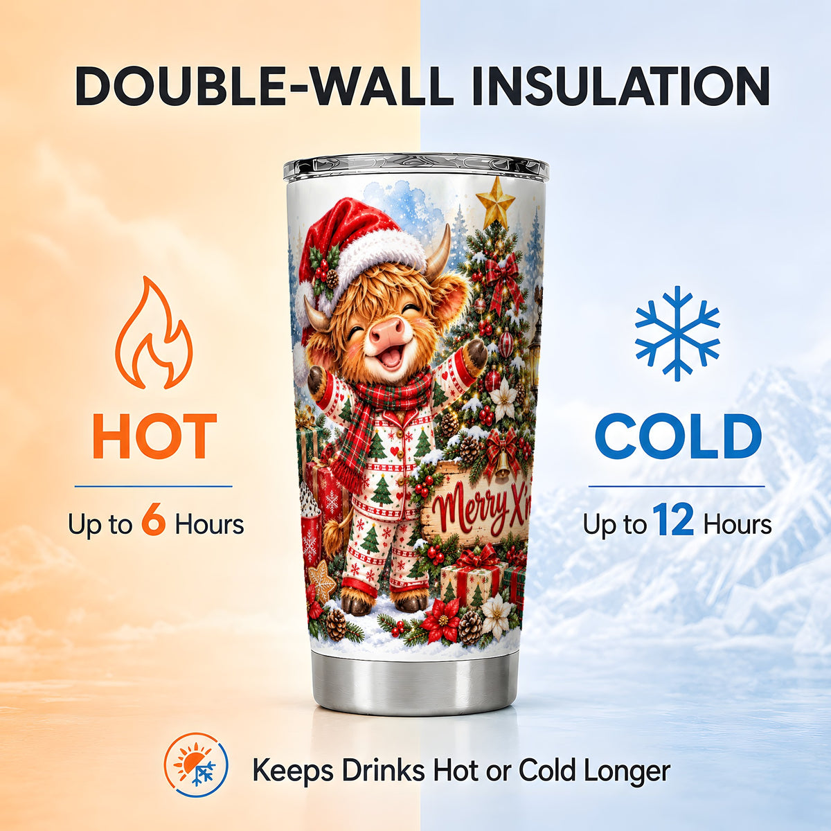 Highland Cow Tumbler 20oz, Christmas Tumbler, Stainless Steel Travel Cup