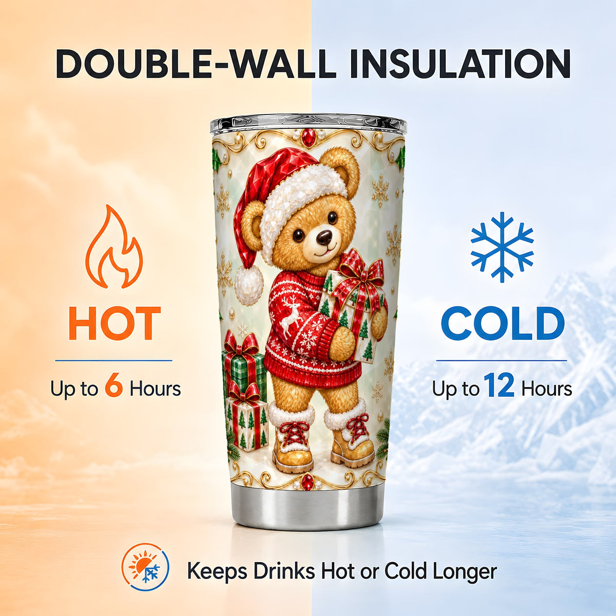 Christmas Teddy Bear Tumbler 20oz, Holiday Tumbler, Stainless Travel Cup
