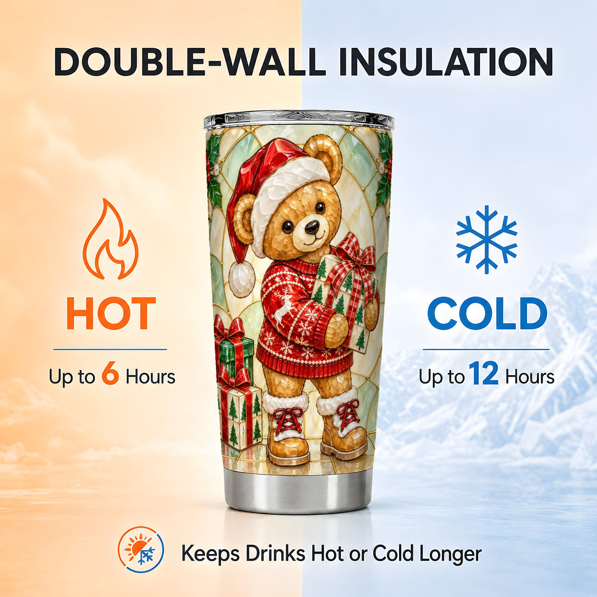 Christmas Teddy Bear Tumbler 20oz, Winter Tumbler, Stainless Travel Cup