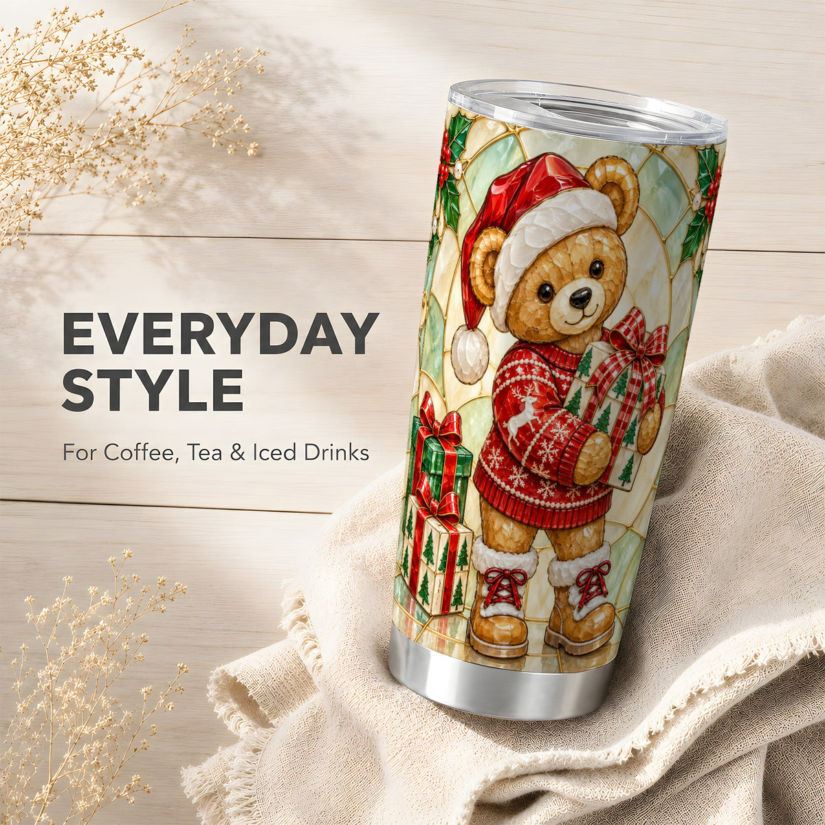 Christmas Teddy Bear Tumbler 20oz, Winter Tumbler, Stainless Travel Cup