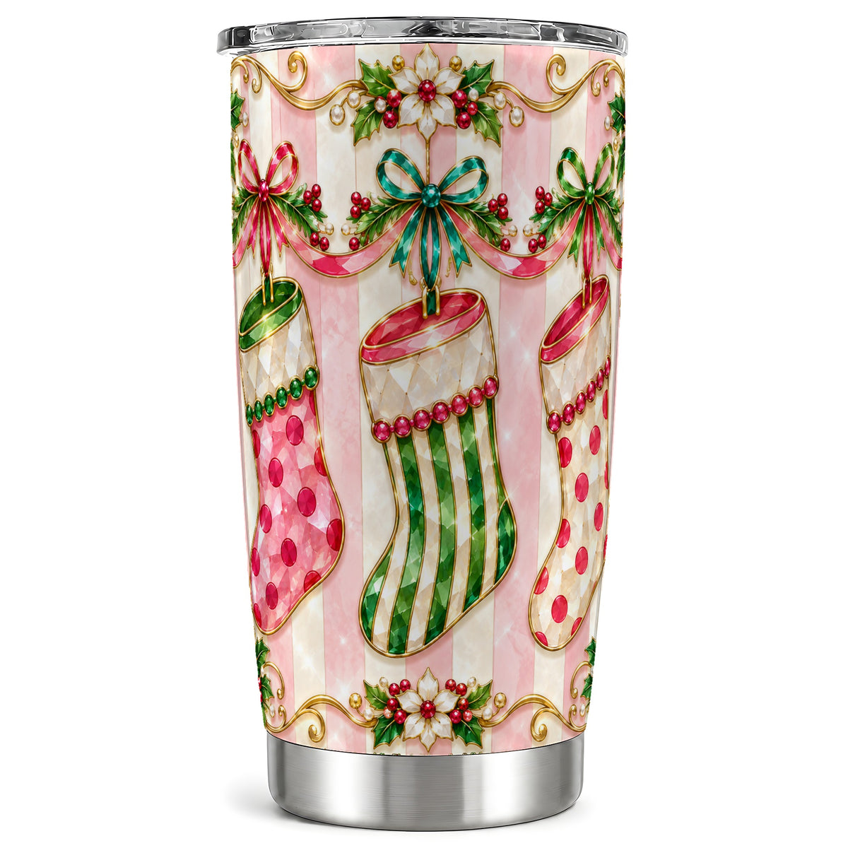 Ornate Stocking Tumbler 20oz, Holiday Tumbler, Stainless Steel Travel Cup