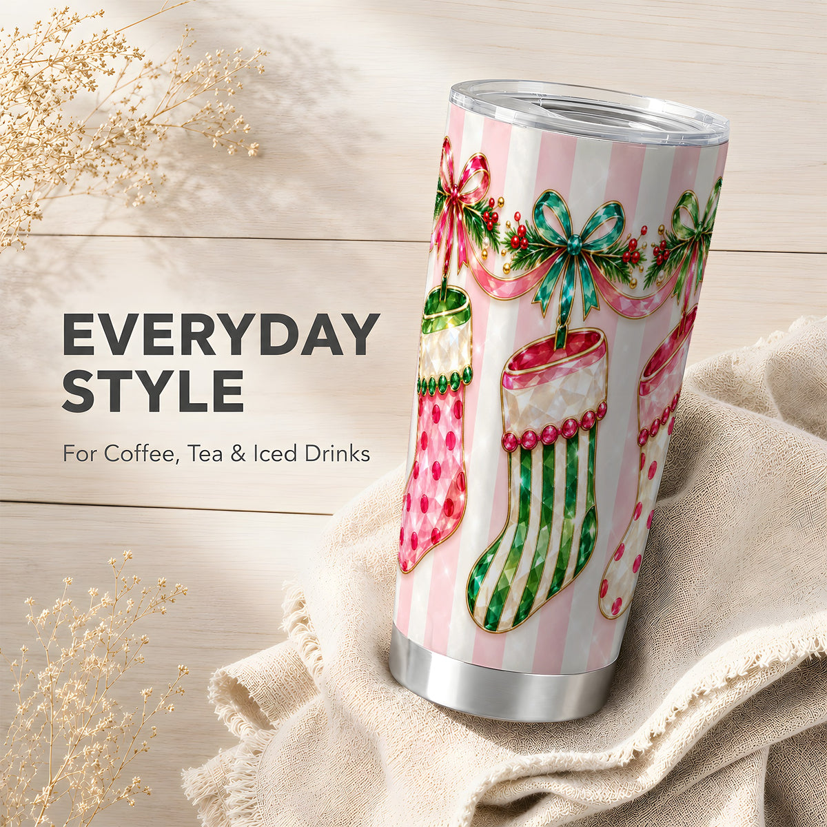 Jeweled Stocking Tumbler 20oz, Holiday Tumbler, Stainless Steel Travel Cup