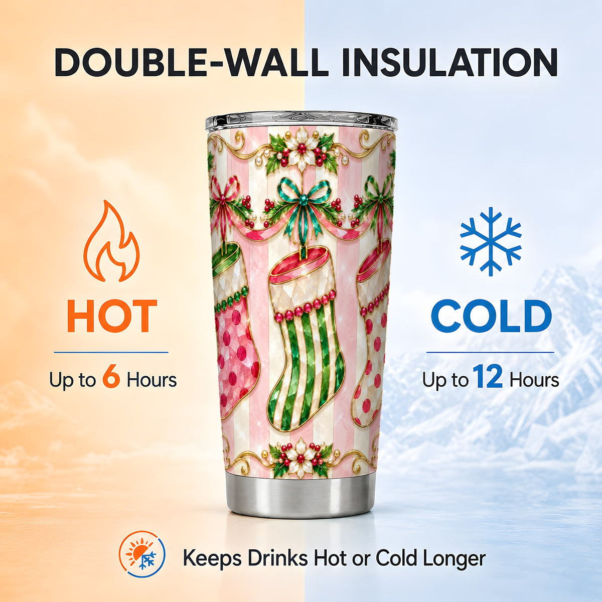 Ornate Stocking Tumbler 20oz, Holiday Tumbler, Stainless Steel Travel Cup