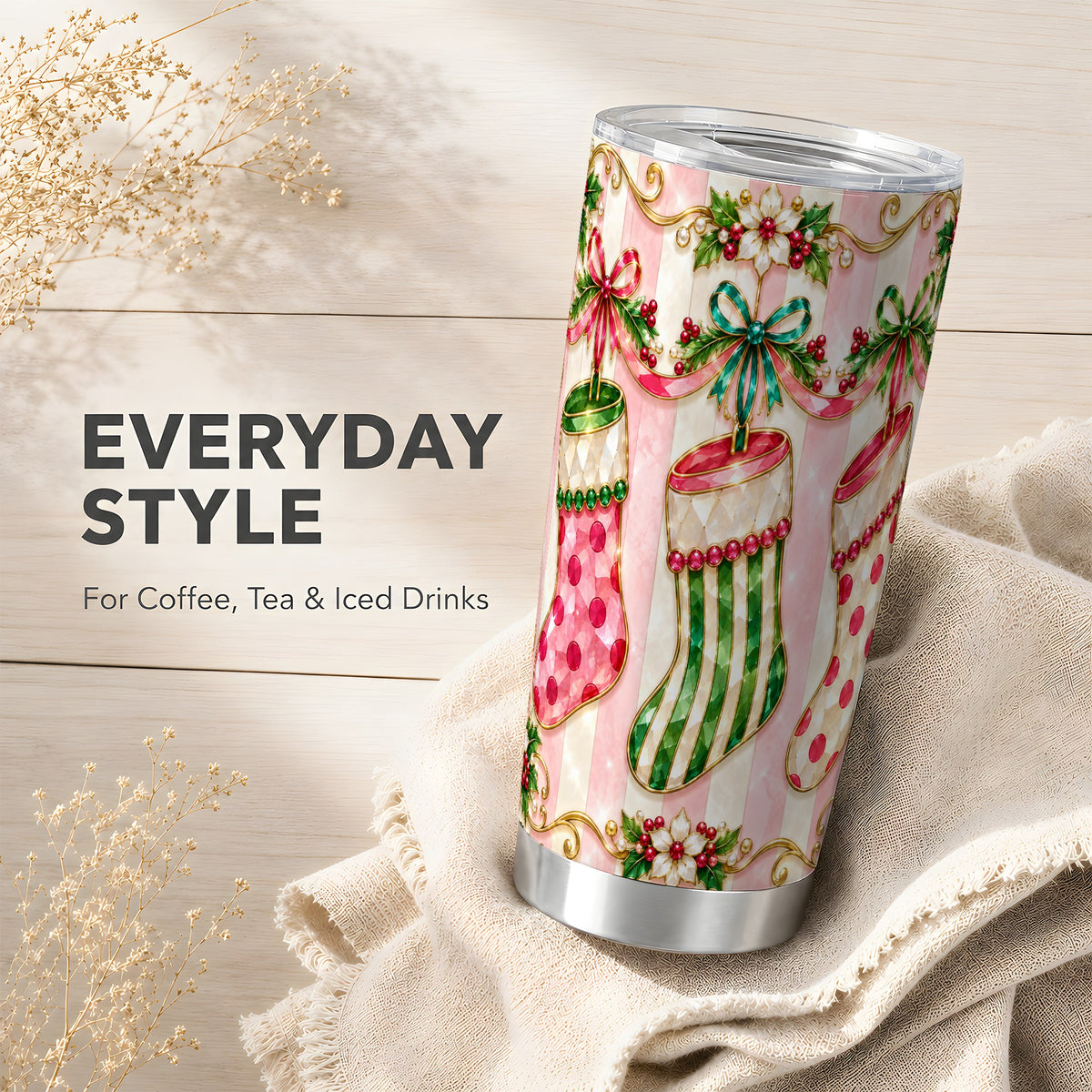 Ornate Stocking Tumbler 20oz, Holiday Tumbler, Stainless Steel Travel Cup