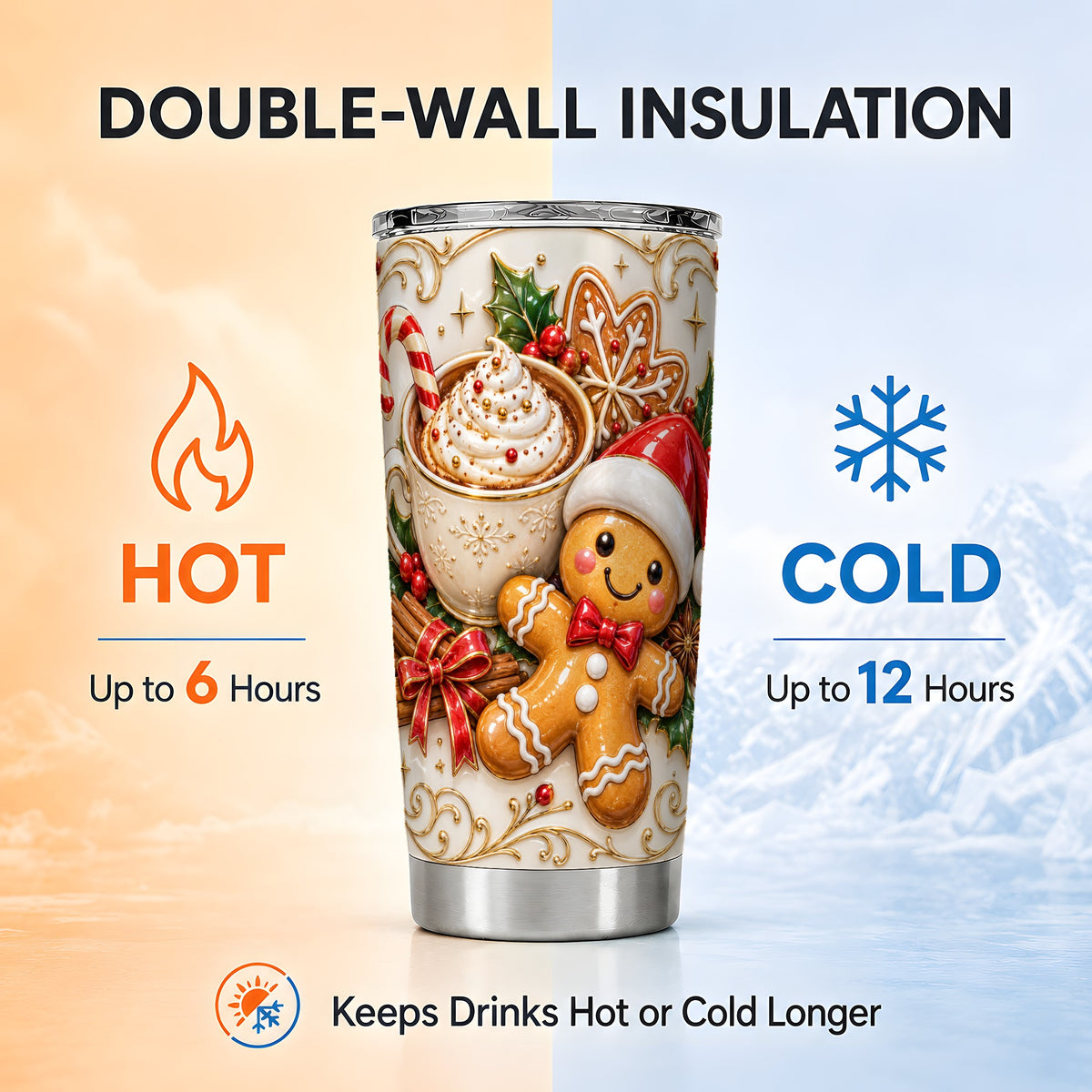 Gingerbread Cocoa Tumbler 20oz, Christmas Stainless Steel Travel Cup