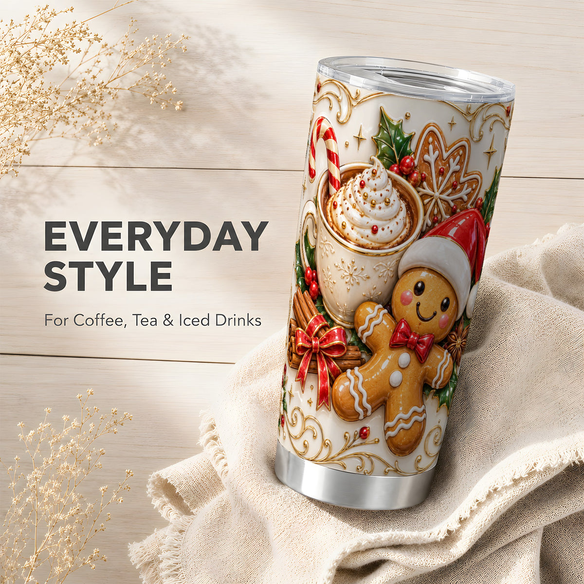 Gingerbread Cocoa Tumbler 20oz, Christmas Stainless Steel Travel Cup