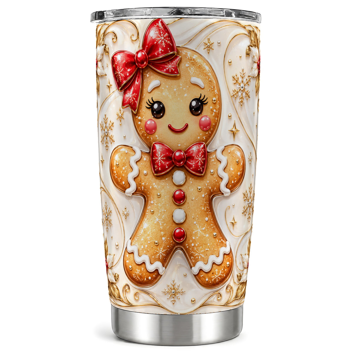 Gingerbread Girl Tumbler 20oz, Gold Christmas Stainless Steel Travel Cup