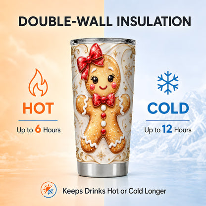 Gingerbread Girl Tumbler 20oz, Gold Christmas Stainless Steel Travel Cup