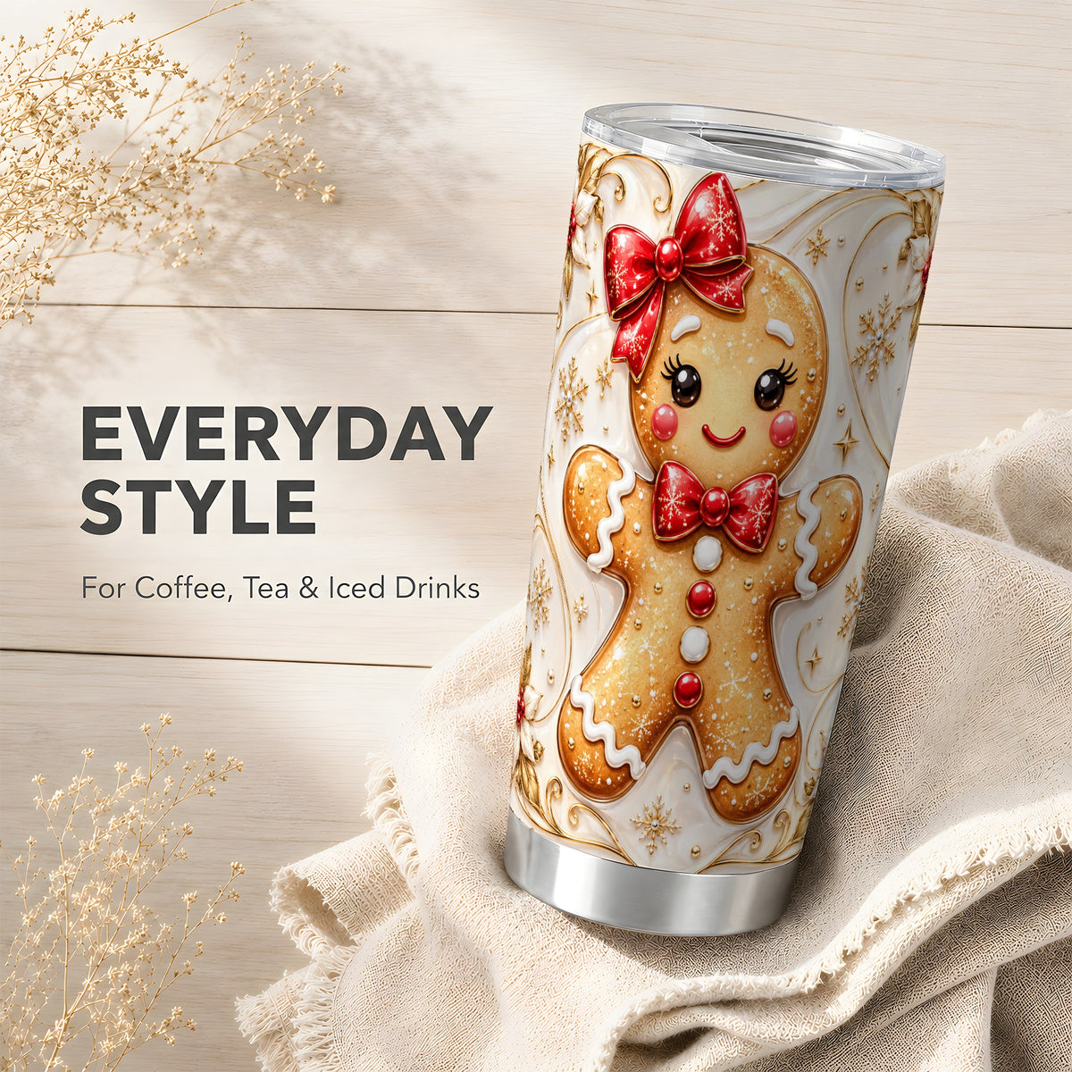 Gingerbread Girl Tumbler 20oz, Gold Christmas Stainless Steel Travel Cup