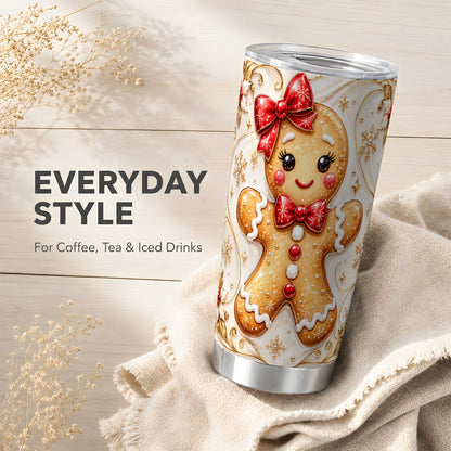 Gingerbread Girl Tumbler 20oz, Gold Christmas Stainless Steel Travel Cup