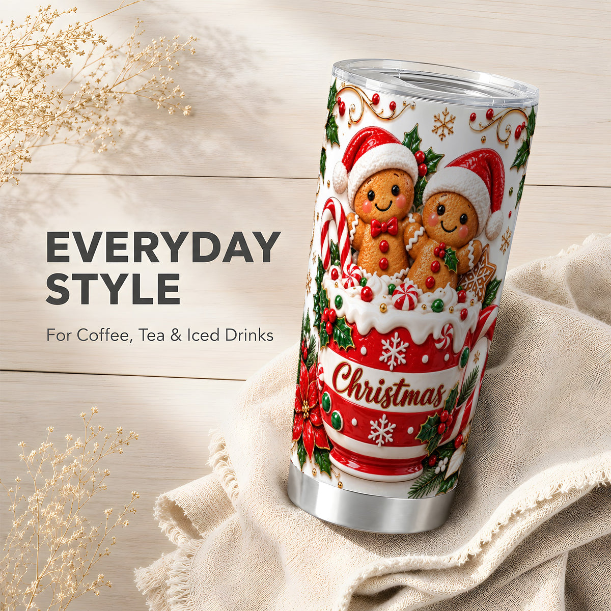Gingerbread Couple Tumbler 20oz, Christmas Stainless Steel Travel Cup