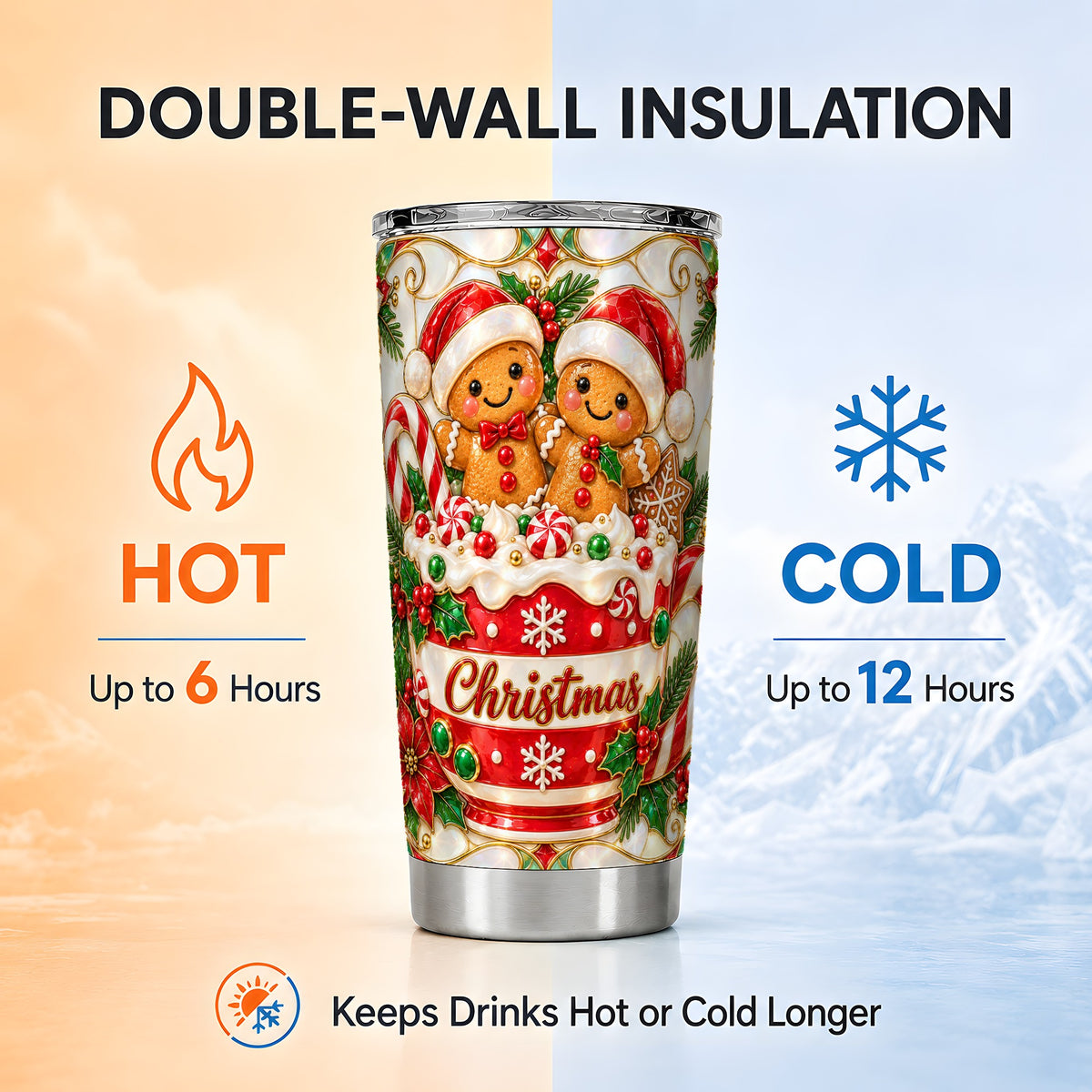 Gingerbread Couple Tumbler 20oz, Stained Glass Style Travel Cup