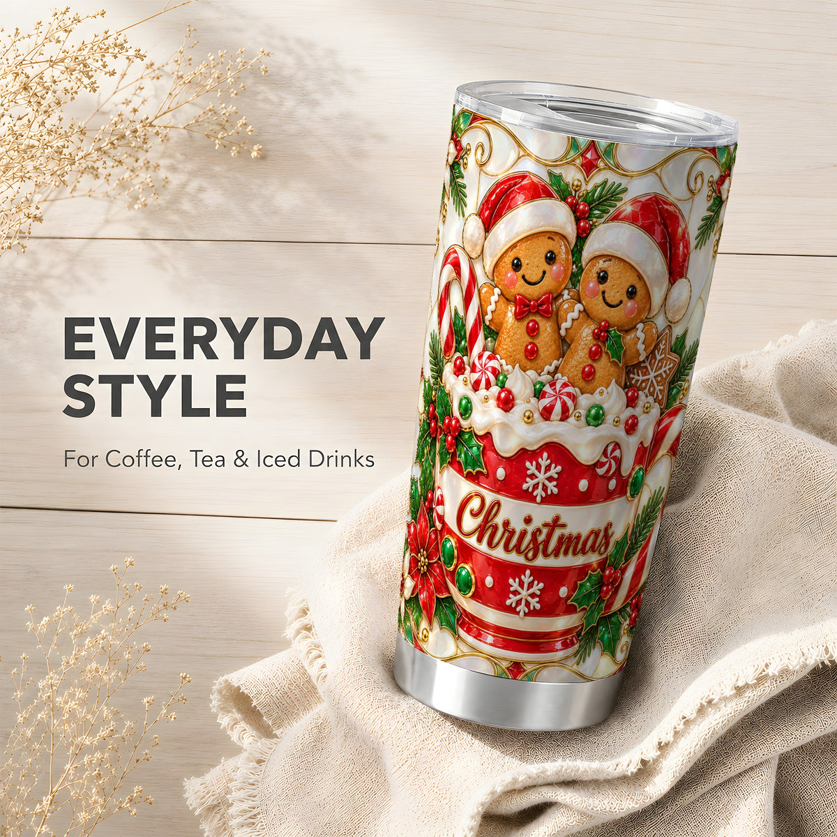 Gingerbread Couple Tumbler 20oz, Stained Glass Style Travel Cup