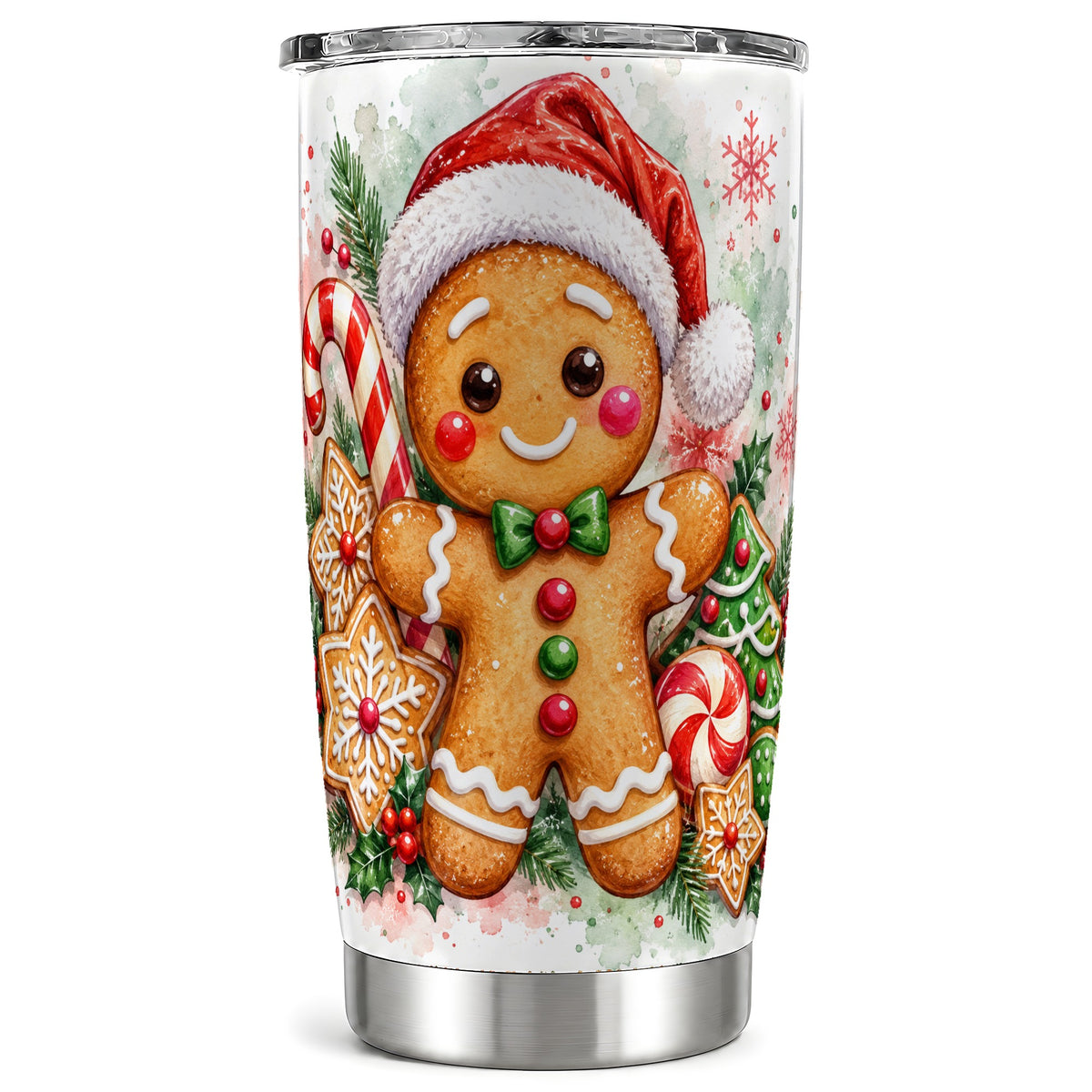 Watercolor Gingerbread Tumbler 20oz, Christmas Stainless Steel Travel Cup