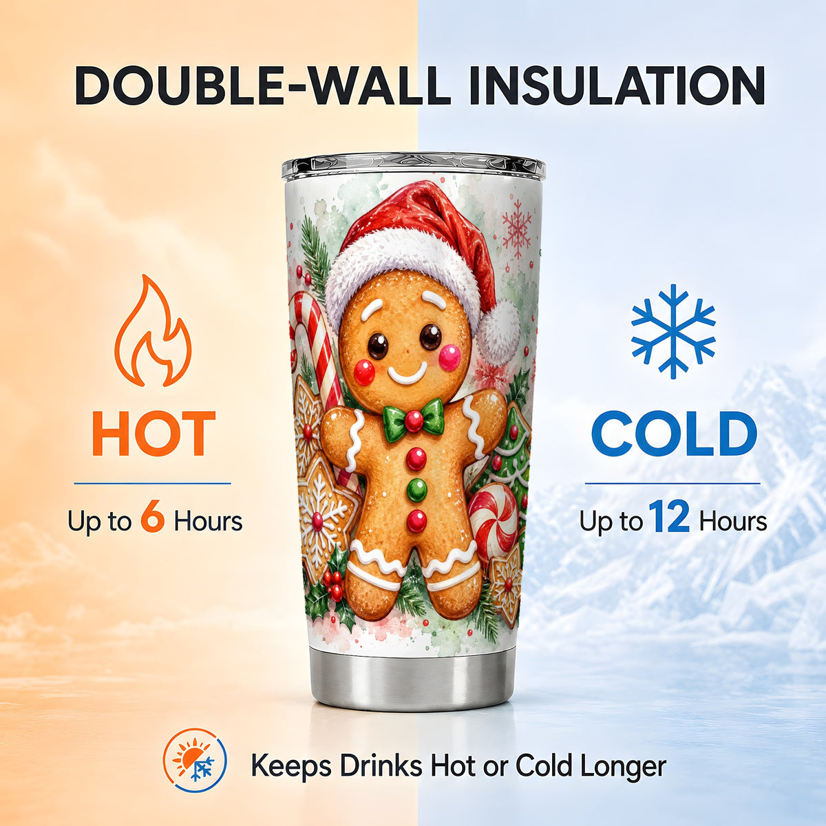 Watercolor Gingerbread Tumbler 20oz, Christmas Stainless Steel Travel Cup