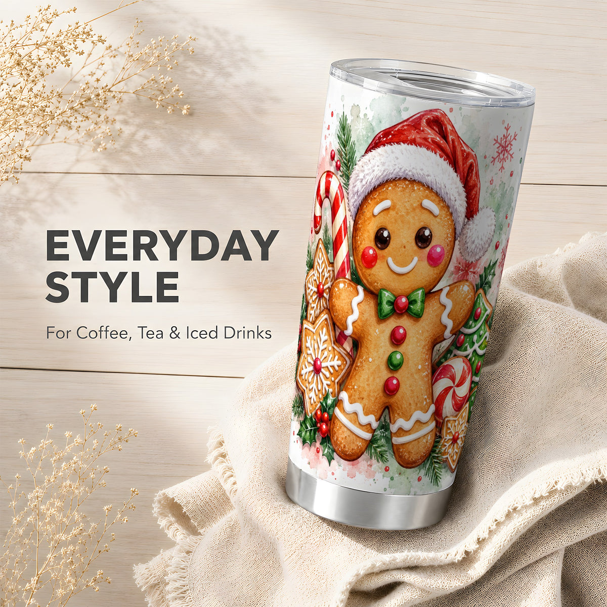 Watercolor Gingerbread Tumbler 20oz, Christmas Stainless Steel Travel Cup