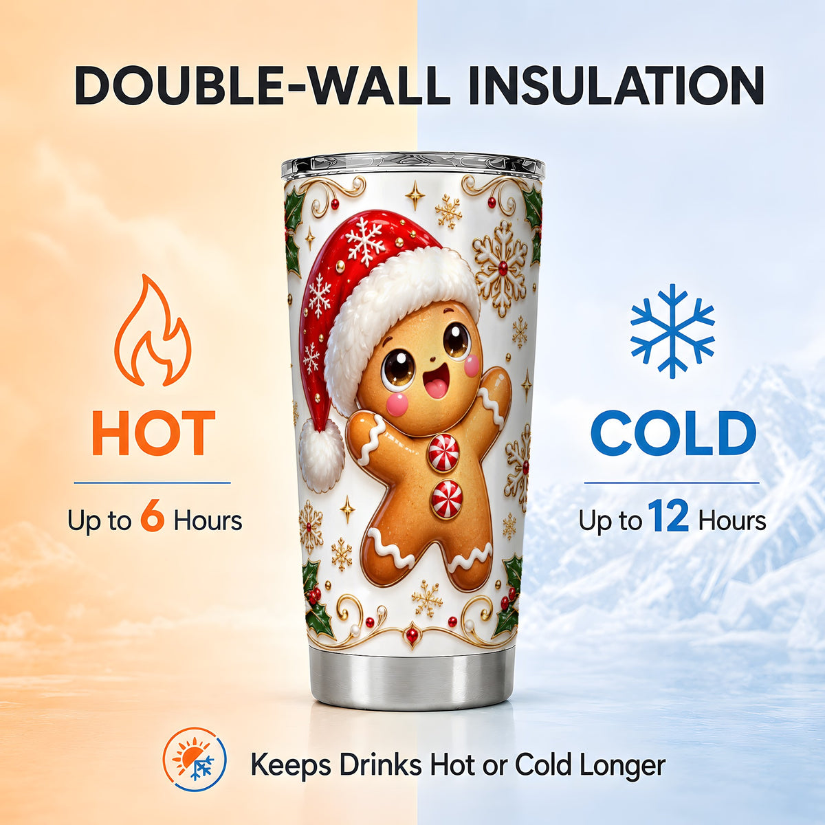 Glossy Gingerbread Tumbler 20oz, Christmas Stainless Steel Travel Cup