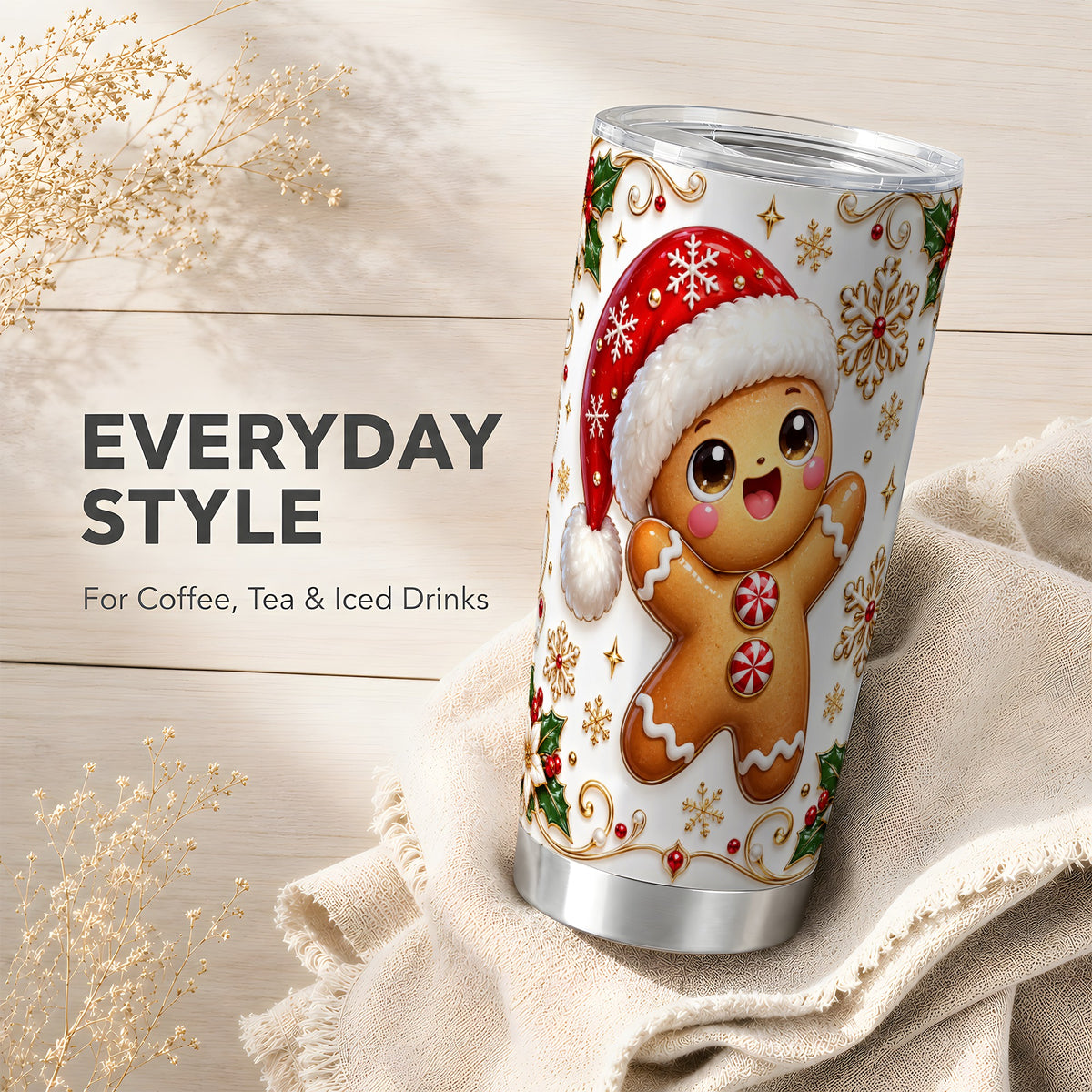 Glossy Gingerbread Tumbler 20oz, Christmas Stainless Steel Travel Cup