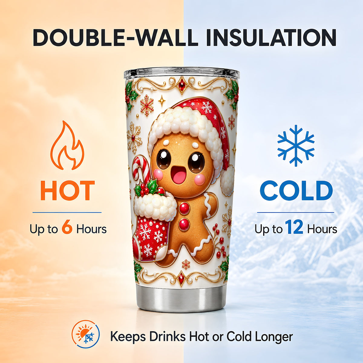 Stocking Gingerbread Tumbler 20oz, Christmas Stainless Steel Travel Cup