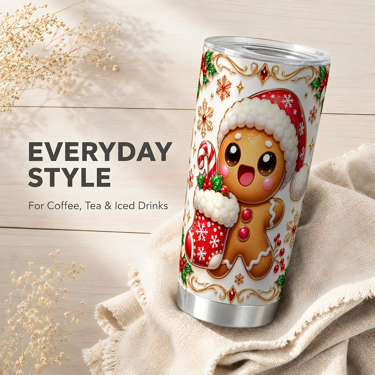 Stocking Gingerbread Tumbler 20oz, Christmas Stainless Steel Travel Cup