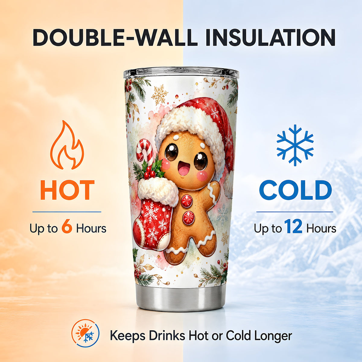 Christmas Gingerbread Tumbler 20oz, Holiday Tumbler, Steel Travel Cup