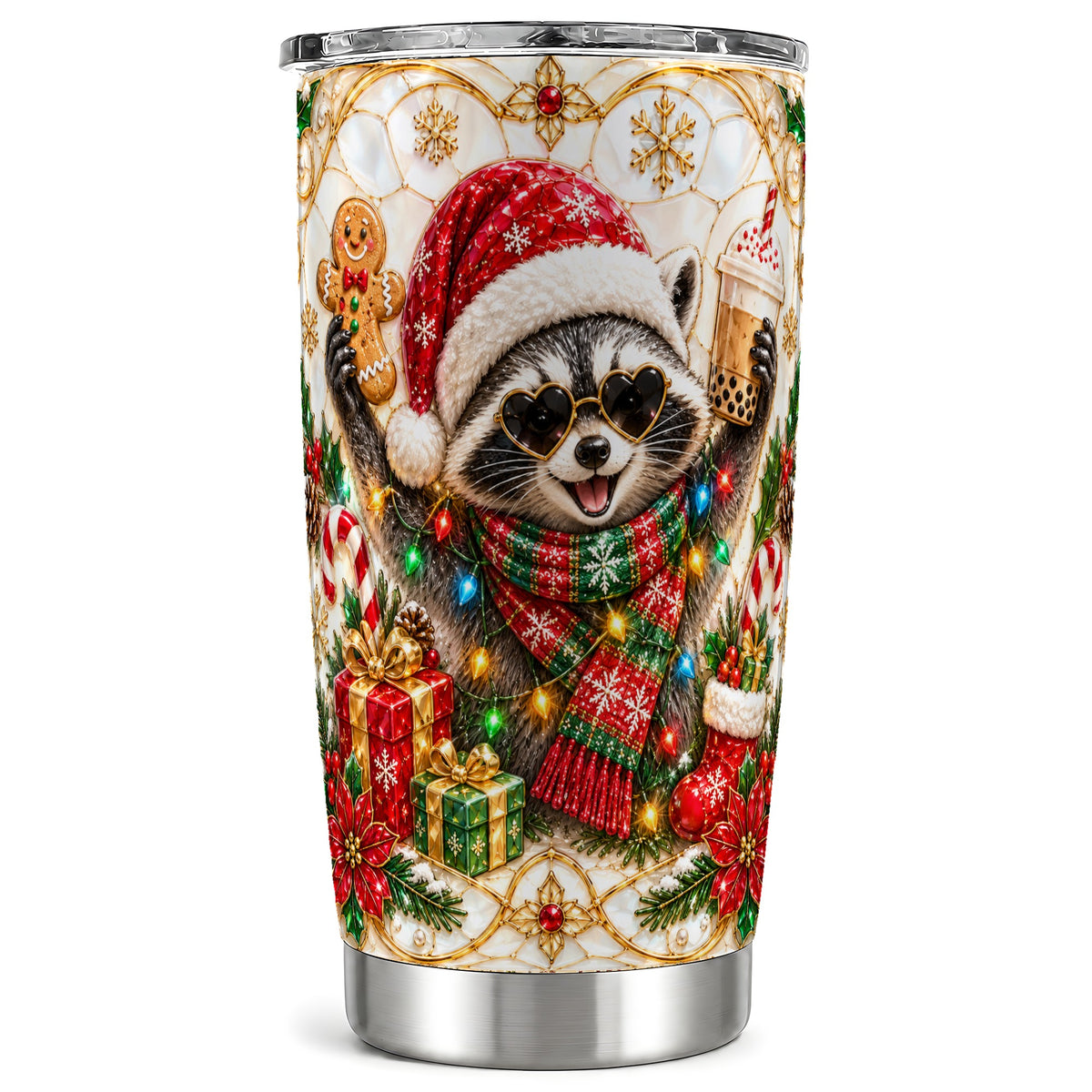 Christmas Raccoon Tumbler 20oz, Festive Tumbler, Stainless Steel Travel Cup