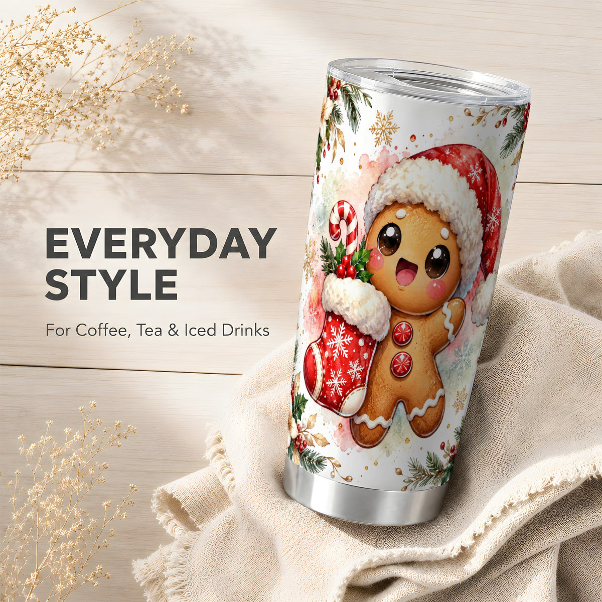 Christmas Gingerbread Tumbler 20oz, Holiday Tumbler, Steel Travel Cup