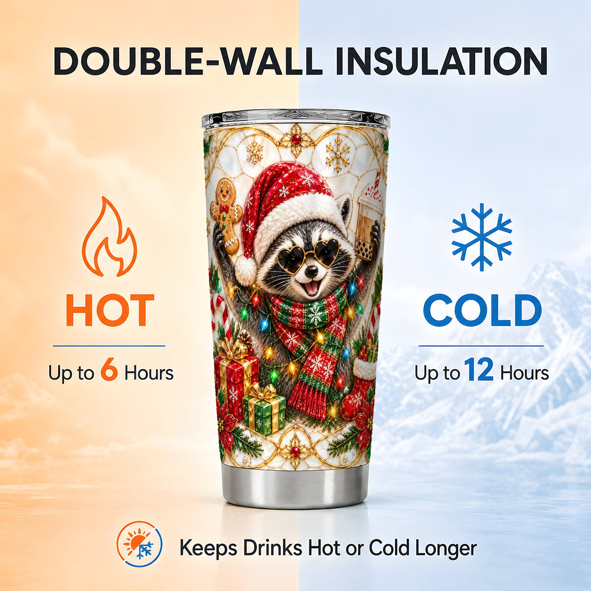 Christmas Raccoon Tumbler 20oz, Festive Tumbler, Stainless Steel Travel Cup