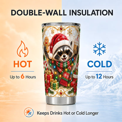 Christmas Raccoon Tumbler 20oz, Festive Tumbler, Stainless Steel Travel Cup