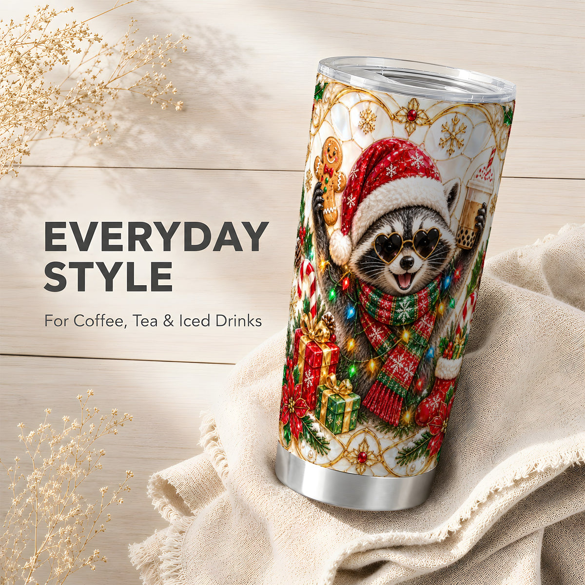 Christmas Raccoon Tumbler 20oz, Festive Tumbler, Stainless Steel Travel Cup