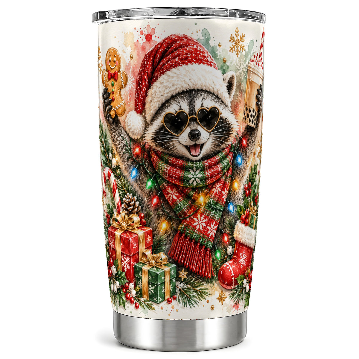 Christmas Raccoon Tumbler 20oz, Holiday Tumbler, Stainless Steel Travel Cup