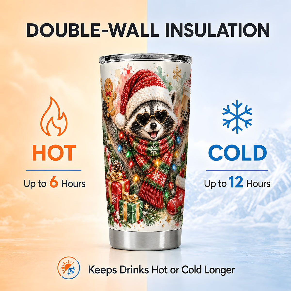 Christmas Raccoon Tumbler 20oz, Holiday Tumbler, Stainless Steel Travel Cup