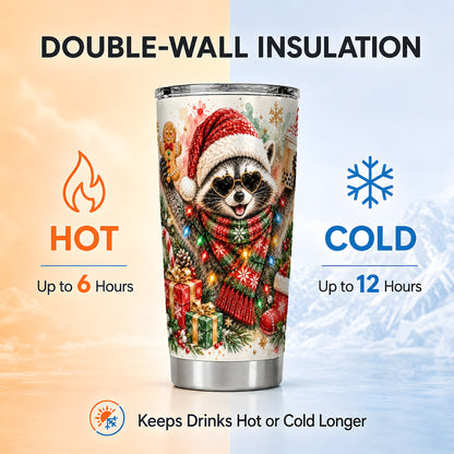 Christmas Raccoon Tumbler 20oz, Holiday Tumbler, Stainless Steel Travel Cup