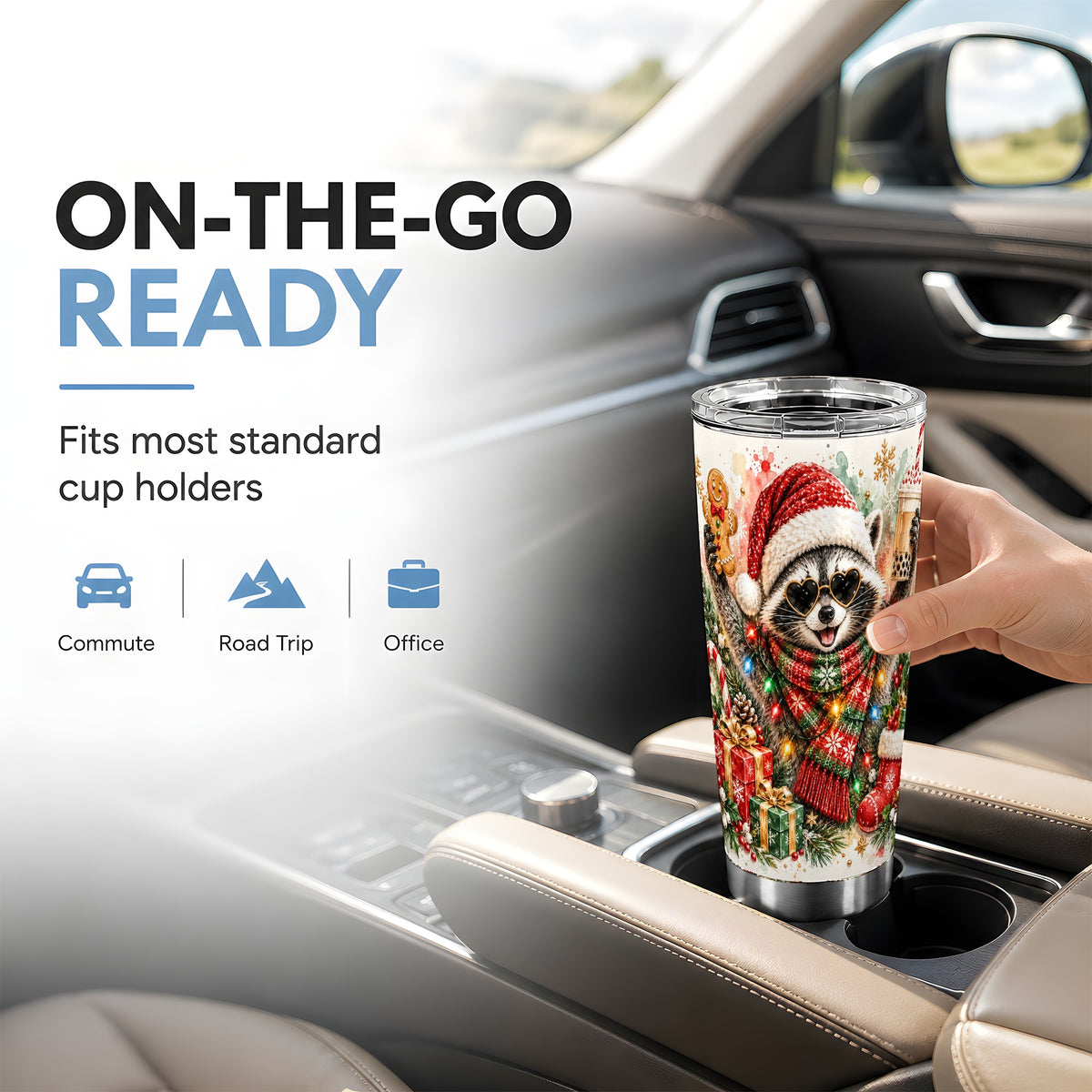 Christmas Raccoon Tumbler 20oz, Holiday Tumbler, Stainless Steel Travel Cup