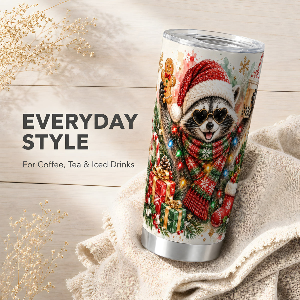 Christmas Raccoon Tumbler 20oz, Holiday Tumbler, Stainless Steel Travel Cup