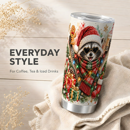 Christmas Raccoon Tumbler 20oz, Holiday Tumbler, Stainless Steel Travel Cup