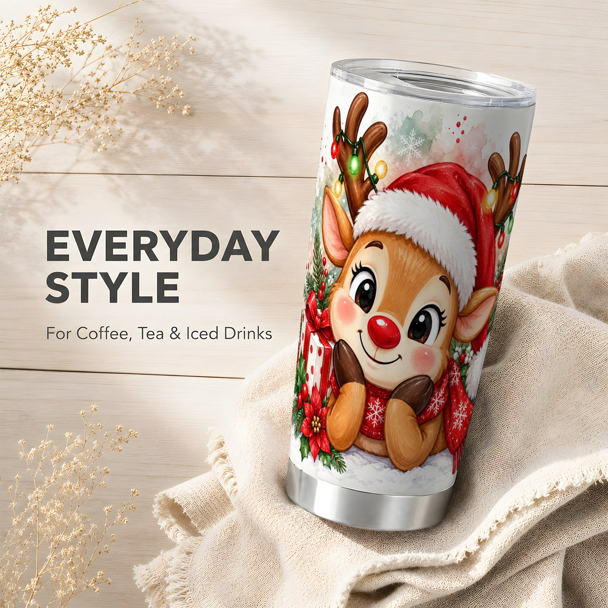 Christmas Reindeer Tumbler 20oz, Holiday Tumbler, Steel Travel Cup