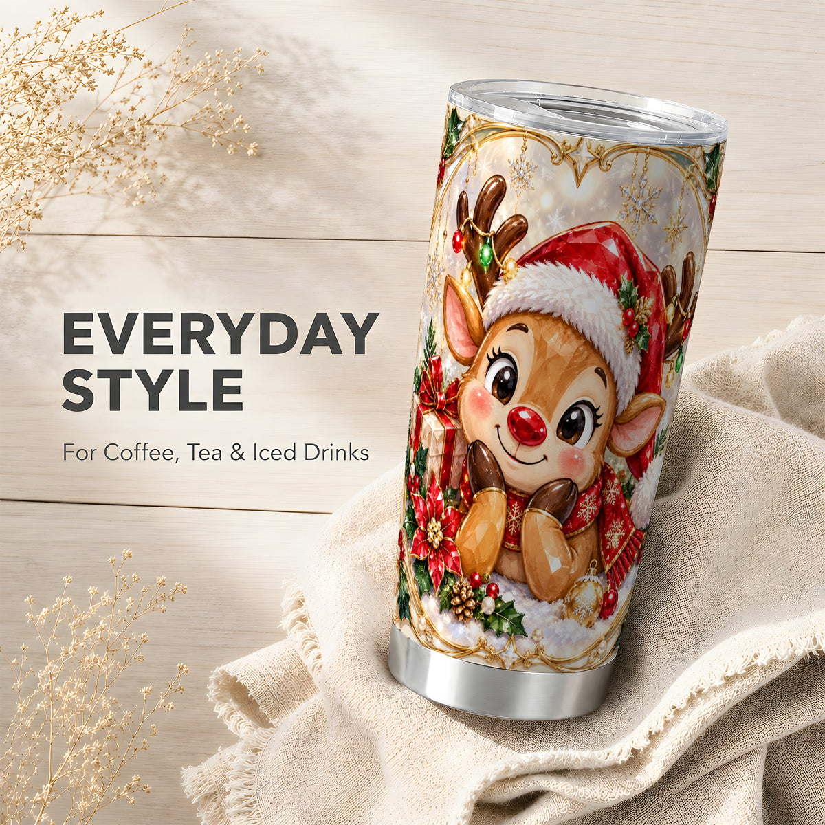 Jeweled Reindeer Tumbler 20oz, Holiday Tumbler, Stainless Steel Travel Cup