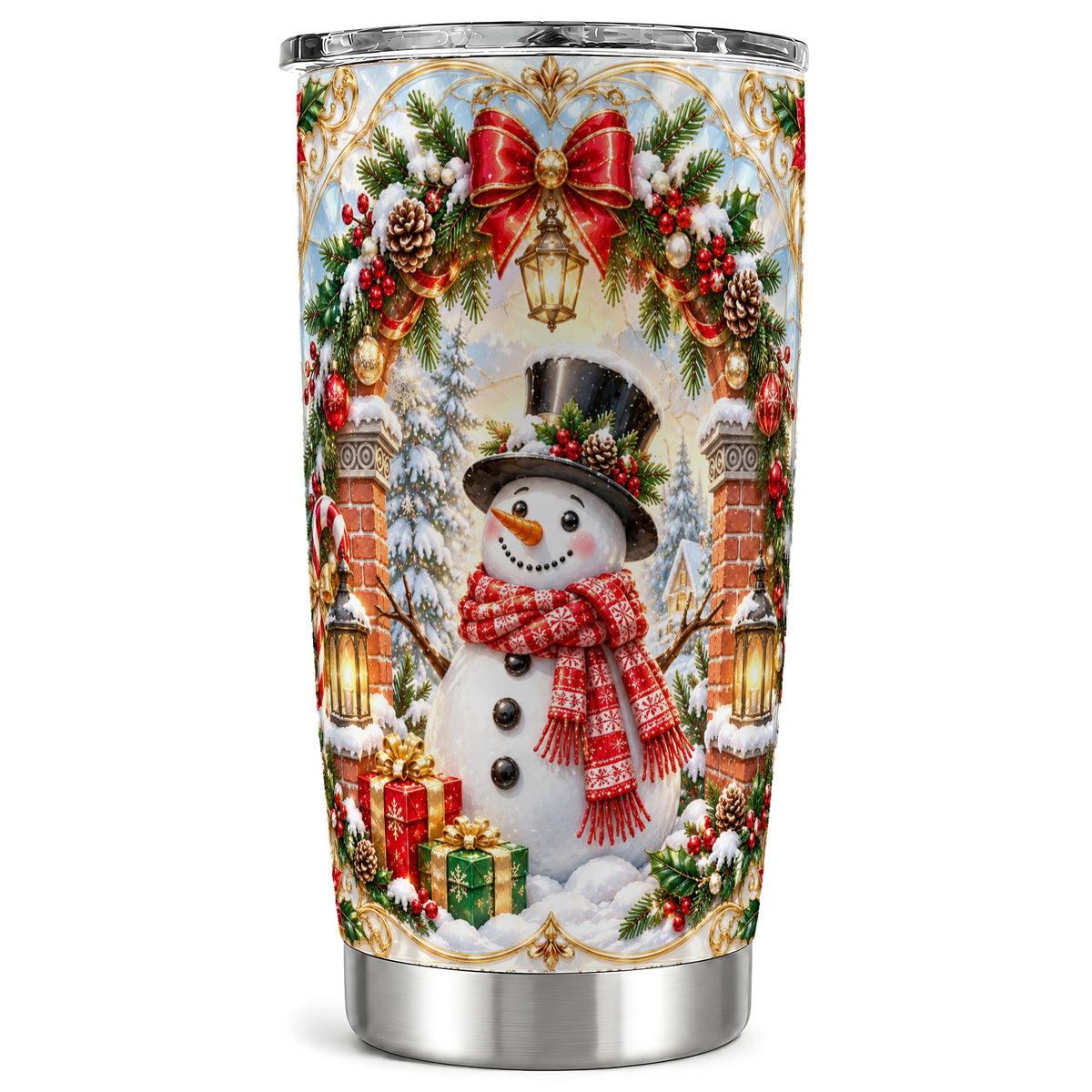 Ornate Snowman Tumbler 20oz, Christmas Tumbler, Stainless Steel Travel Cup