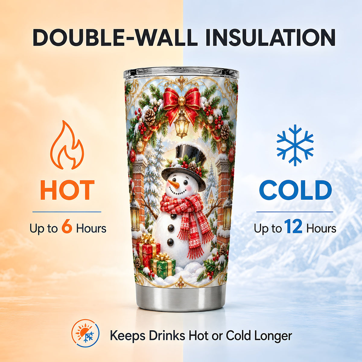 Ornate Snowman Tumbler 20oz, Christmas Tumbler, Stainless Steel Travel Cup