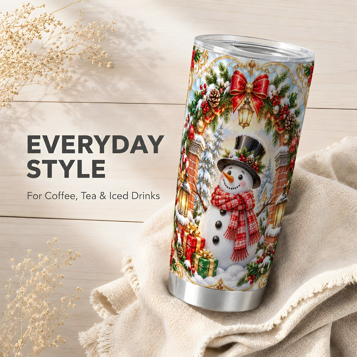Ornate Snowman Tumbler 20oz, Christmas Tumbler, Stainless Steel Travel Cup