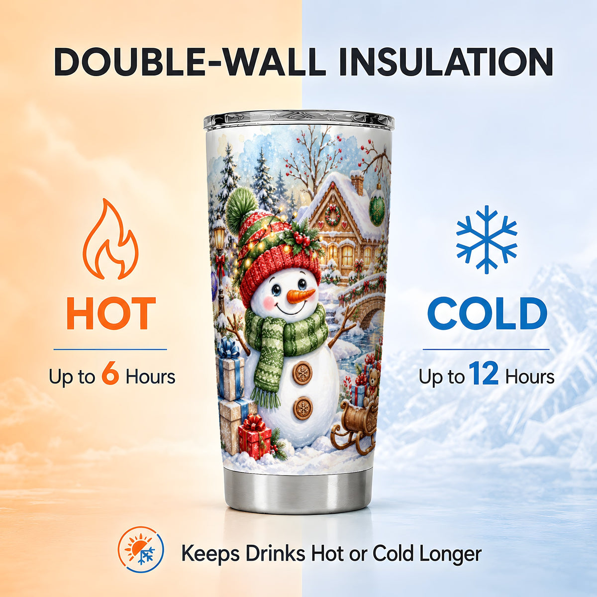 Watercolor Snowman Tumbler 20oz, Winter Tumbler, Stainless Steel Travel Cup