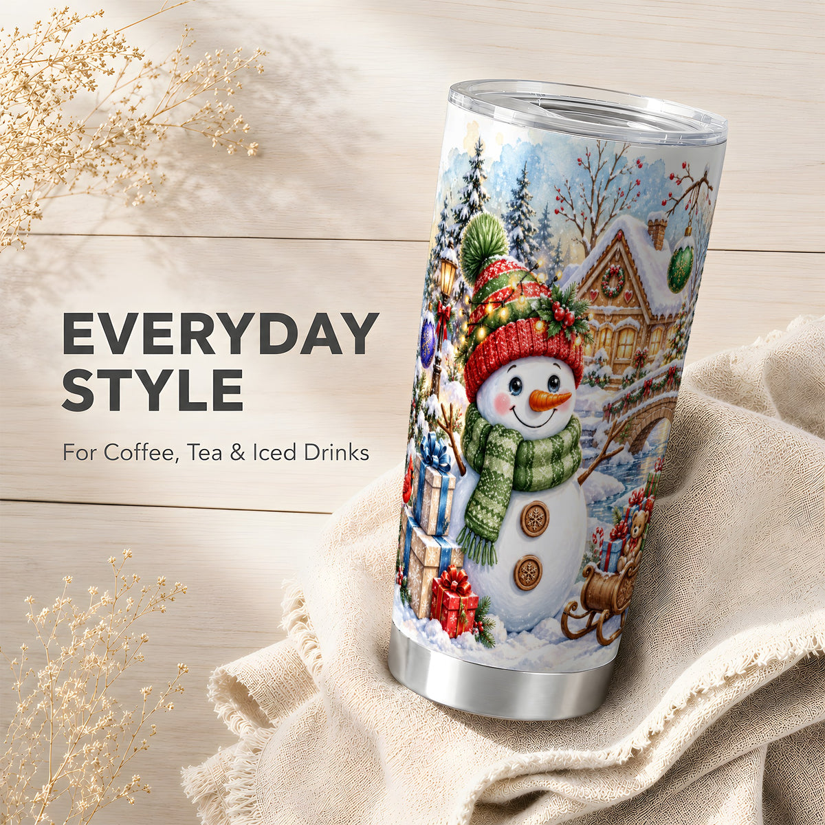 Watercolor Snowman Tumbler 20oz, Winter Tumbler, Stainless Steel Travel Cup