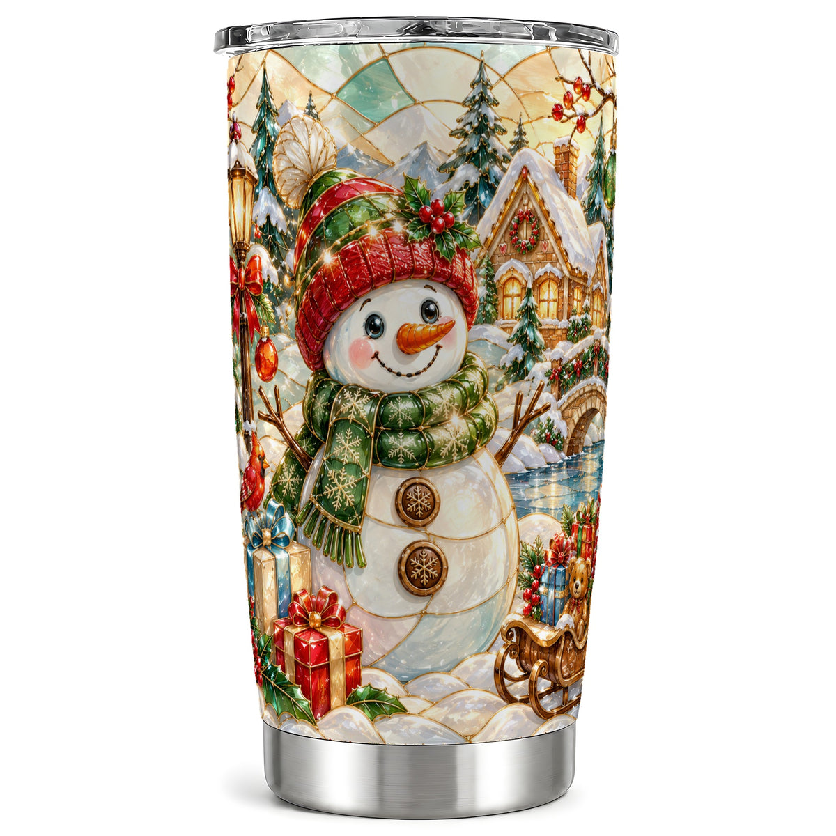 Snowman Village Tumbler 20oz, Winter Tumbler, Stainless Steel Travel Cup