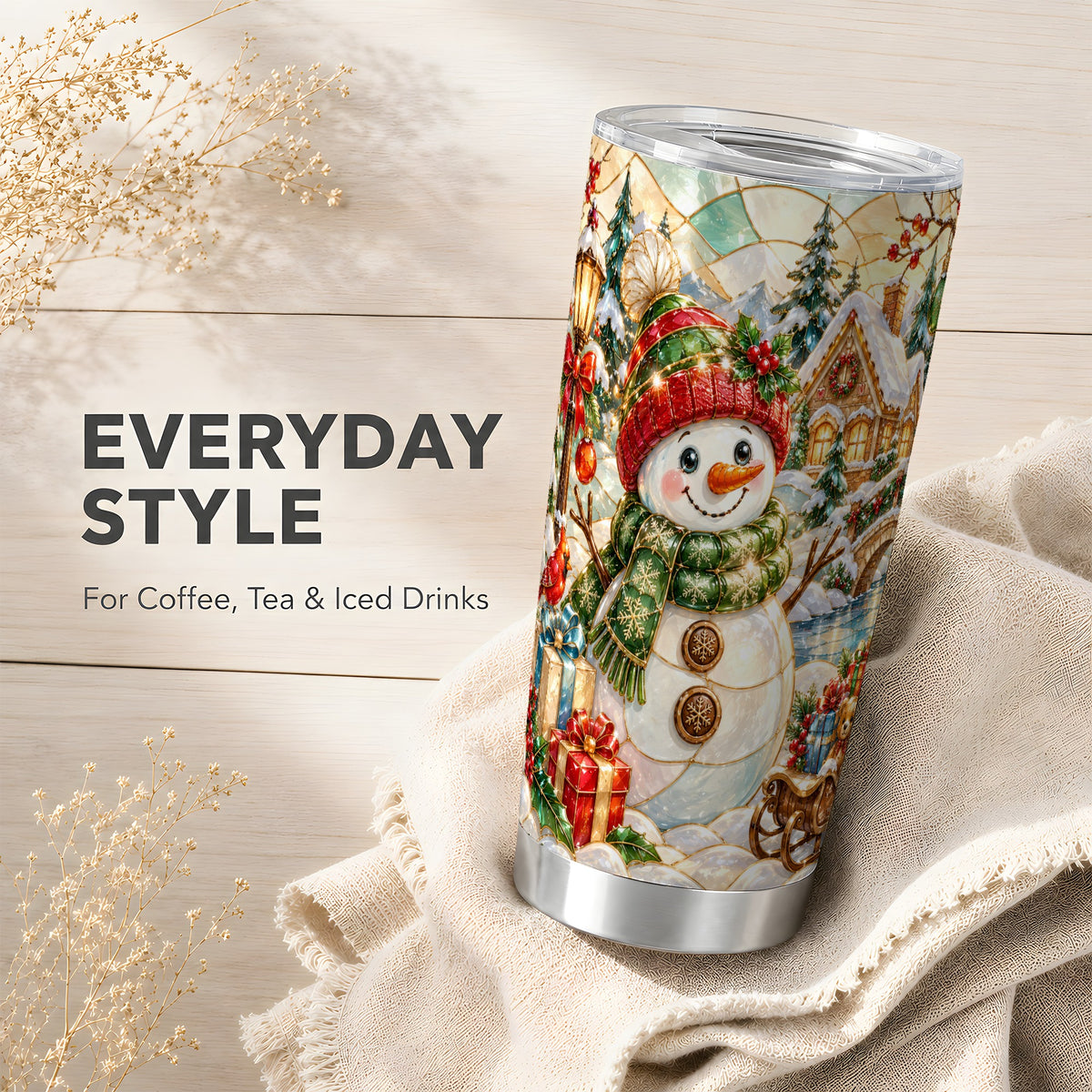 Snowman Village Tumbler 20oz, Winter Tumbler, Stainless Steel Travel Cup