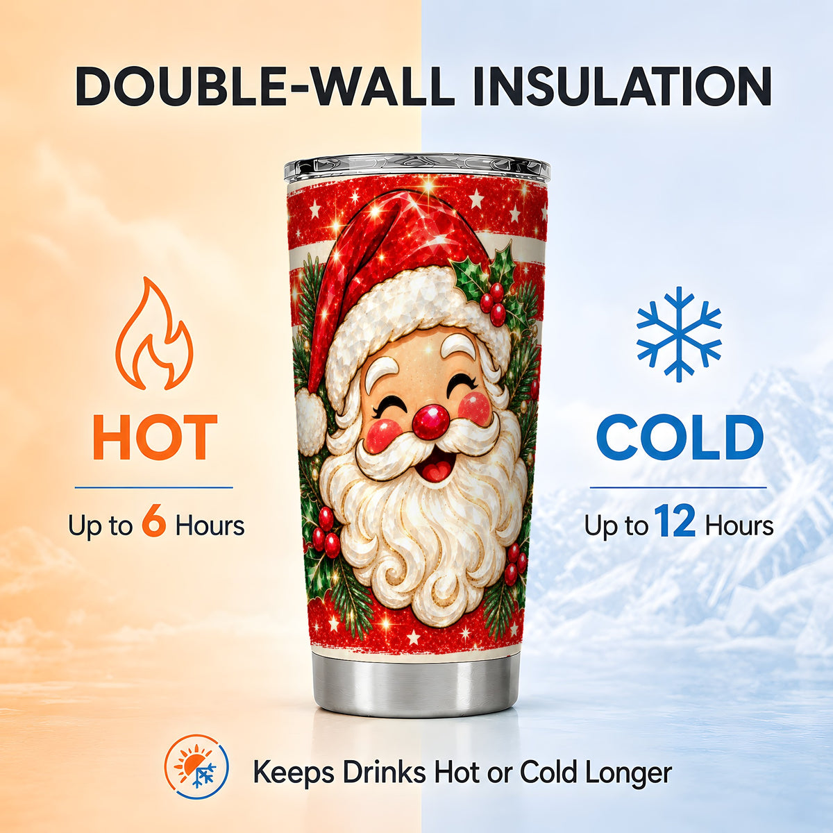 Smiling Santa Tumbler 20oz, Christmas Tumbler, Stainless Steel Travel Cup