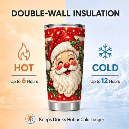 Smiling Santa Tumbler 20oz, Christmas Tumbler, Stainless Steel Travel Cup