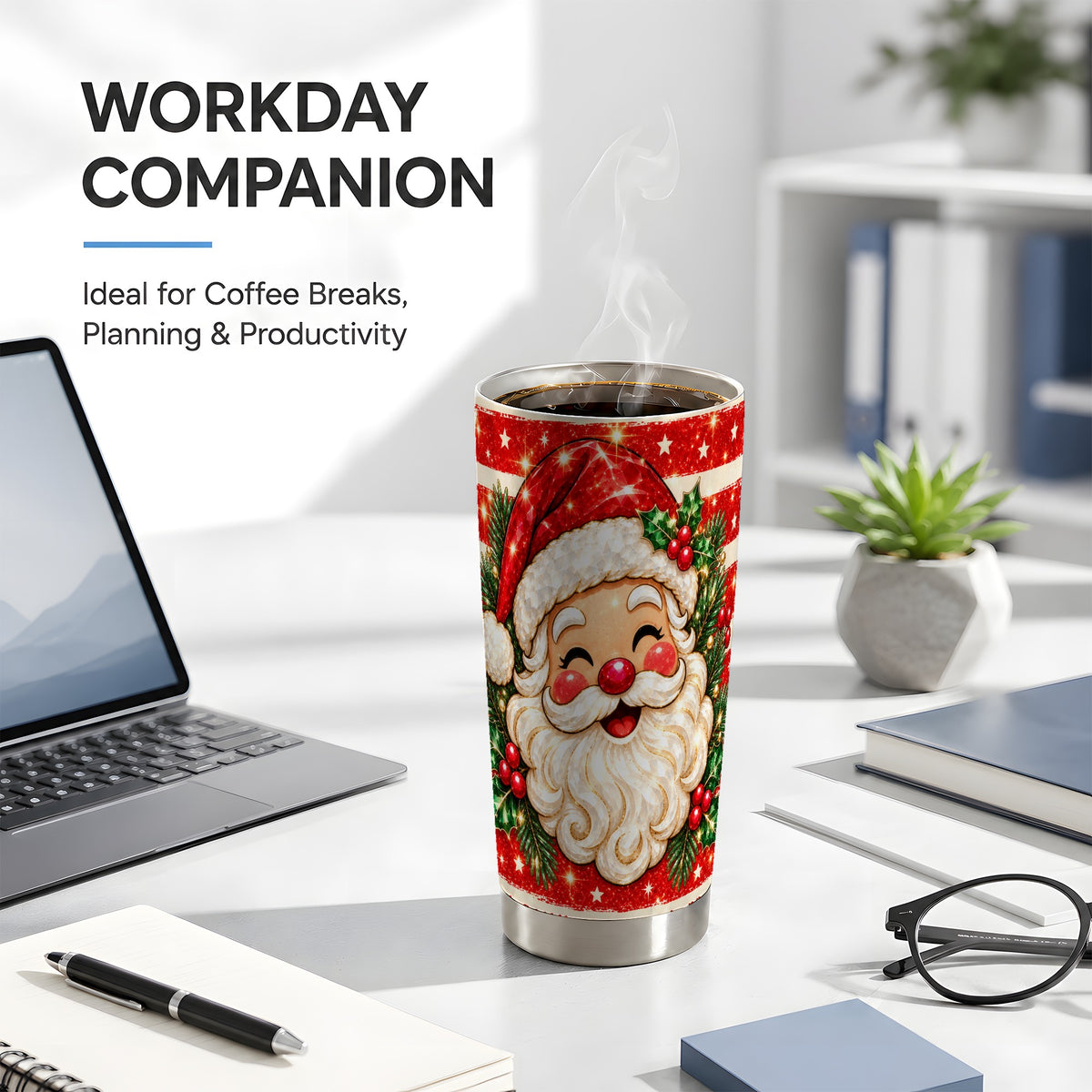 Smiling Santa Tumbler 20oz, Christmas Tumbler, Stainless Steel Travel Cup