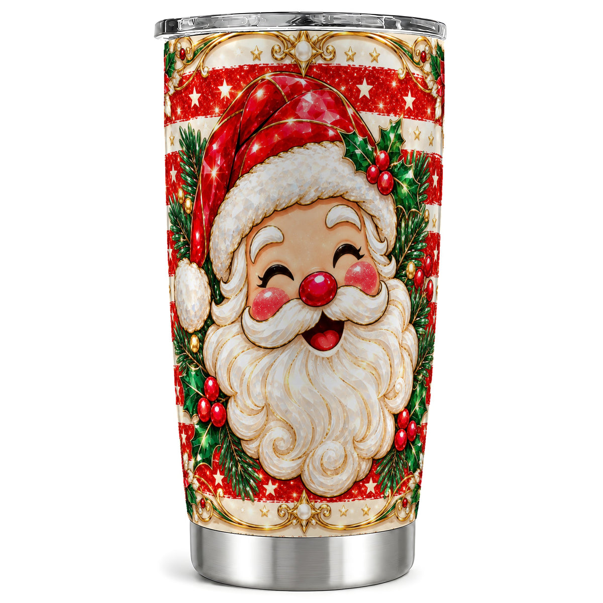 Ornate Santa Tumbler 20oz, Poinsettia Tumbler, Stainless Steel Travel Cup