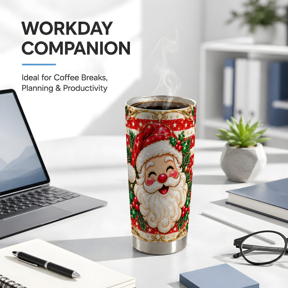 Ornate Santa Tumbler 20oz, Poinsettia Tumbler, Stainless Steel Travel Cup